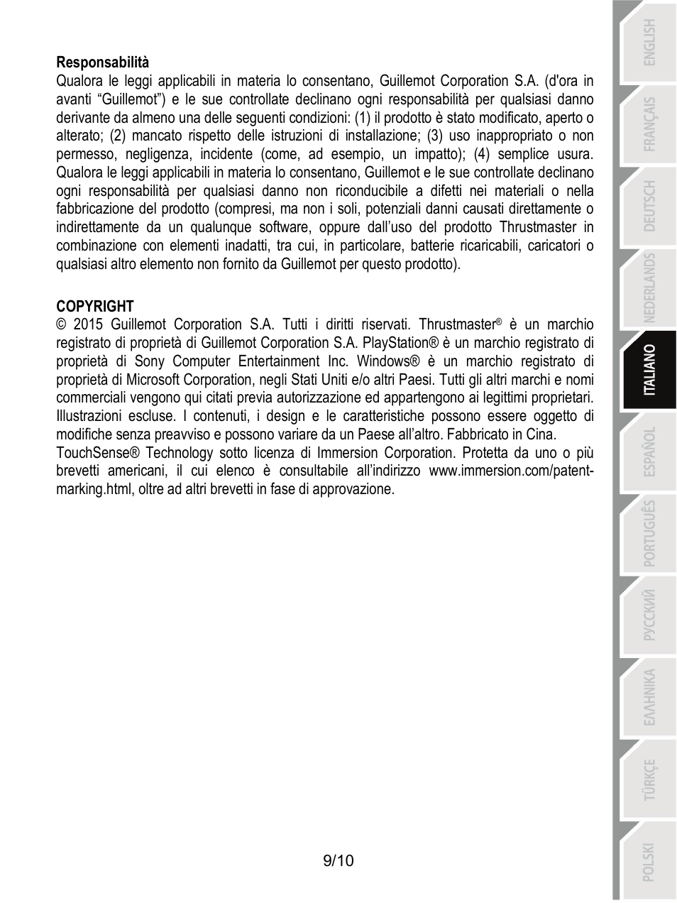 Responsabilità | Thrustmaster T100 FFB User Manual | Page 50 / 121