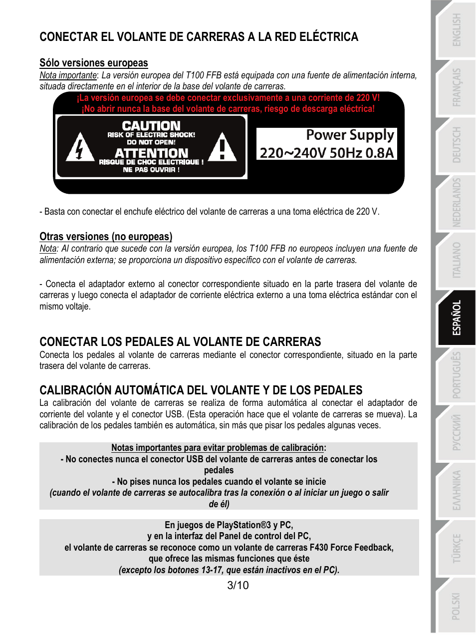 Conectar el volante de carreras a la red eléctrica, Conectar los pedales al volante de carreras | Thrustmaster T100 FFB User Manual | Page 54 / 121