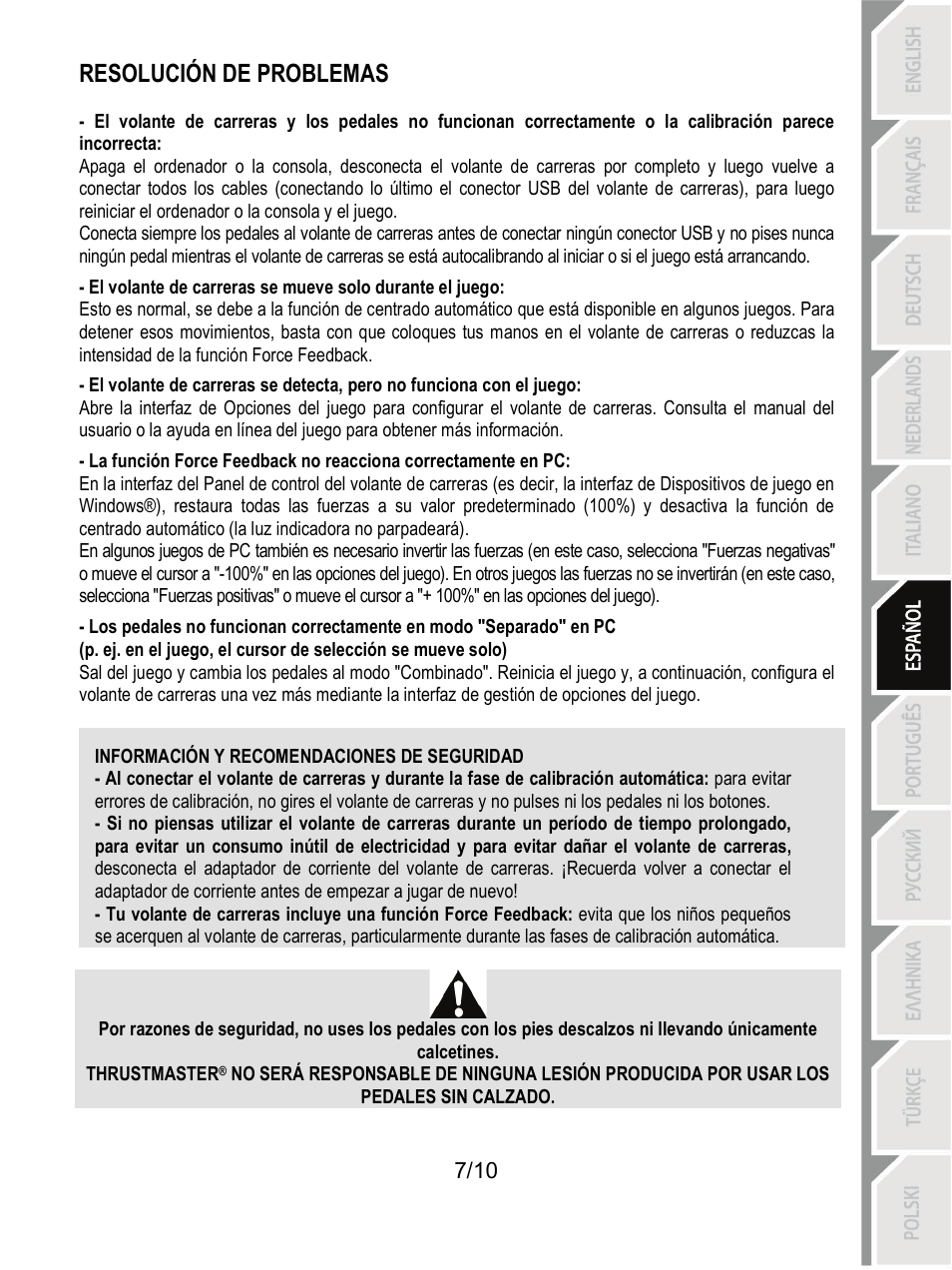 Información y recomendaciones de seguridad, Resolución de problemas | Thrustmaster T100 FFB User Manual | Page 58 / 121