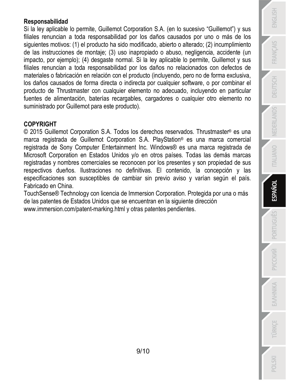 Responsabilidad | Thrustmaster T100 FFB User Manual | Page 60 / 121