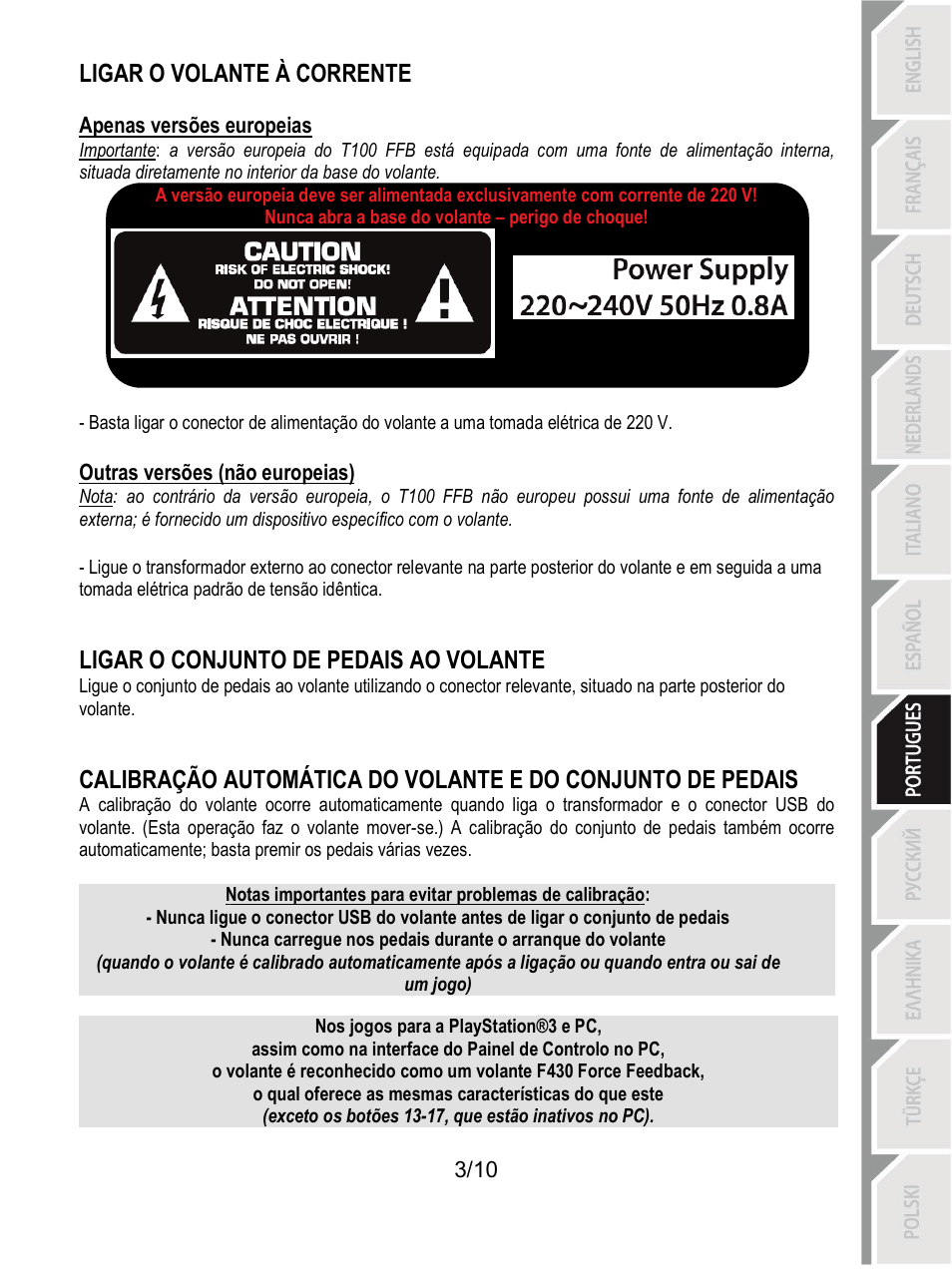 Ligar o volante à corrente, Ligar o conjunto de pedais ao volante | Thrustmaster T100 FFB User Manual | Page 64 / 121