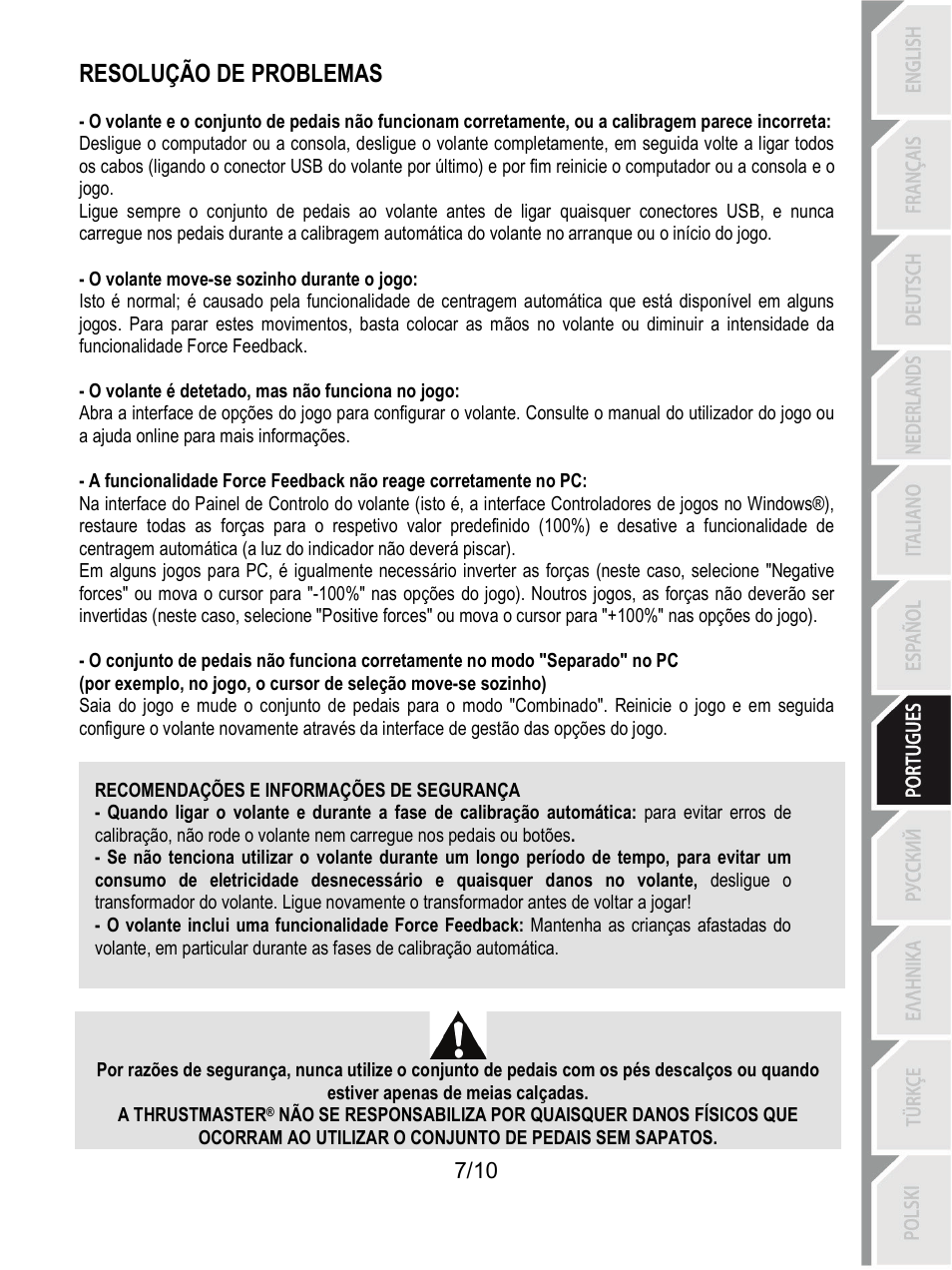 Recomendações e informações de segurança, Resolução de problemas | Thrustmaster T100 FFB User Manual | Page 68 / 121
