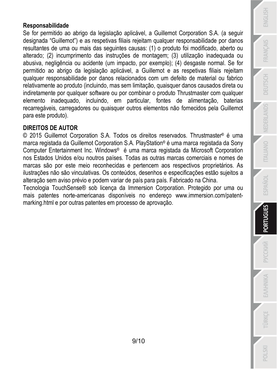 Responsabilidade | Thrustmaster T100 FFB User Manual | Page 70 / 121