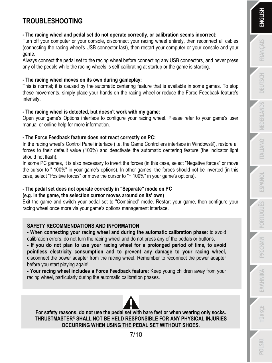 Safety recommendations and information, Troubleshooting | Thrustmaster T100 FFB User Manual | Page 8 / 121