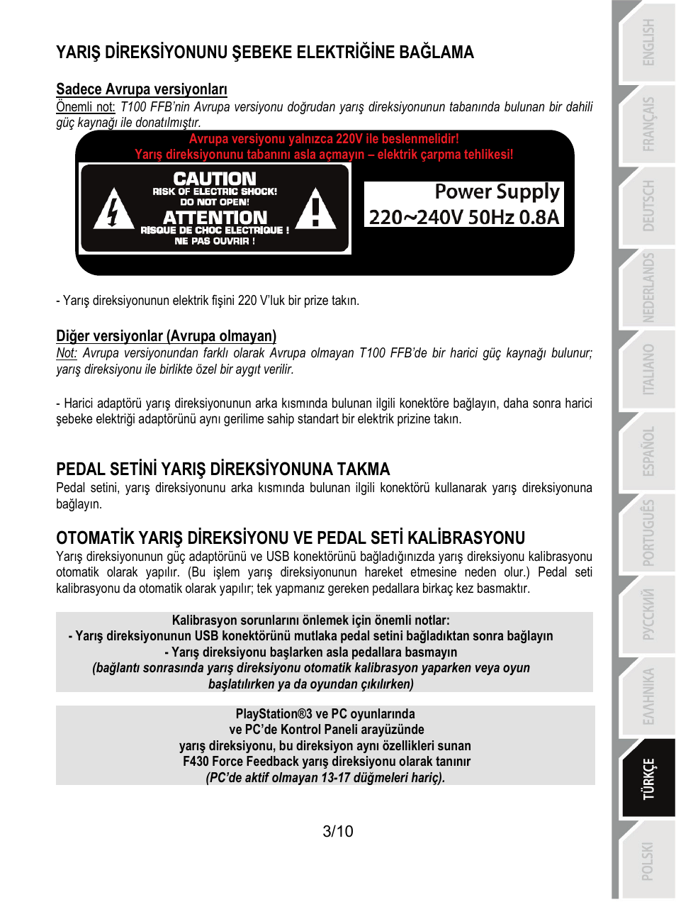 Yariş direksiyonunu şebeke elektriğine bağlama, Pedal setini yariş direksiyonuna takma | Thrustmaster T100 FFB User Manual | Page 94 / 121