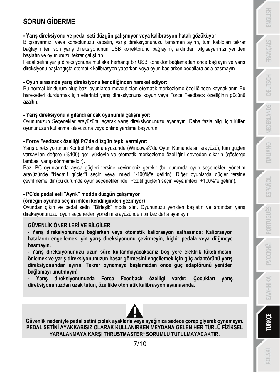 Güvenlik önerileri ve bilgiler, Sorun giderme | Thrustmaster T100 FFB User Manual | Page 98 / 121