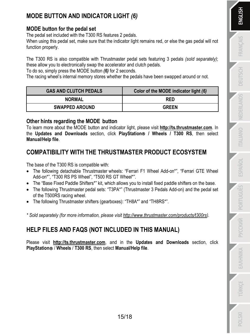 Mode button and indicator light (6), Help files and faqs (not included in this manual) | Thrustmaster T300 Ferrari GTE User Manual | Page 16 / 375