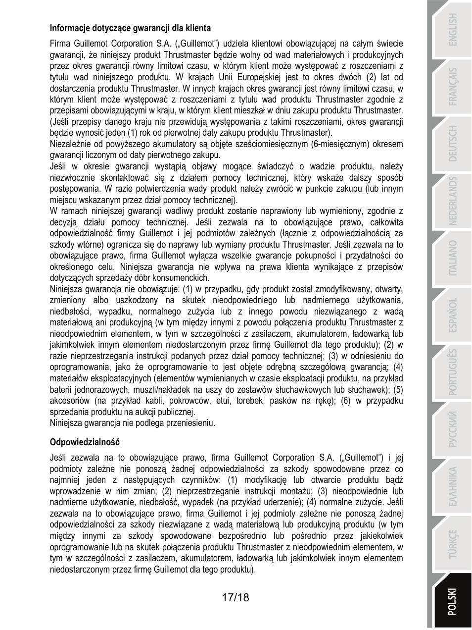 Informacje dotyczące gwarancji dla klienta, Odpowiedzialność | Thrustmaster T300 Ferrari GTE User Manual | Page 198 / 375