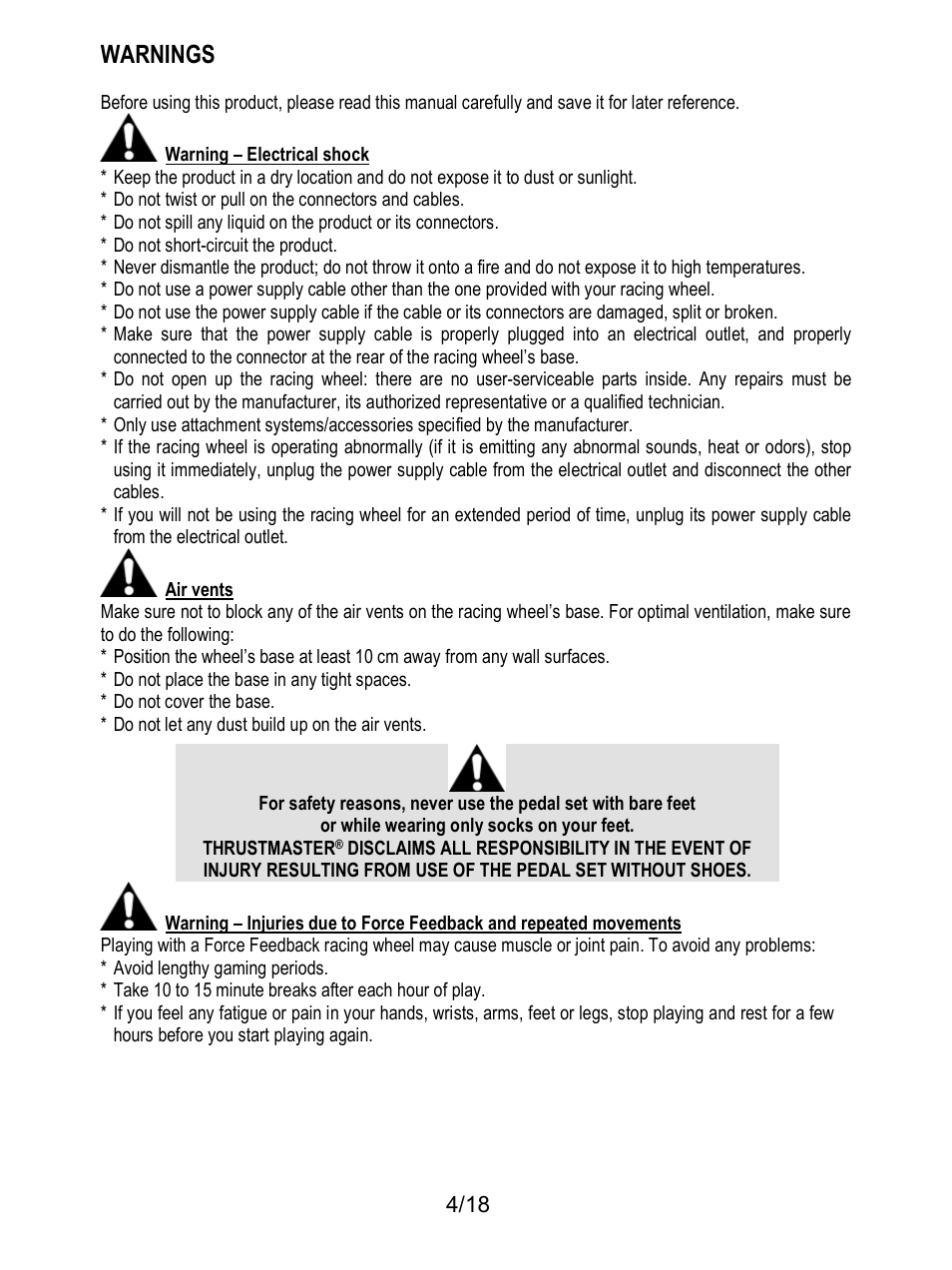 Warnings | Thrustmaster T300 Ferrari GTE User Manual | Page 221 / 375