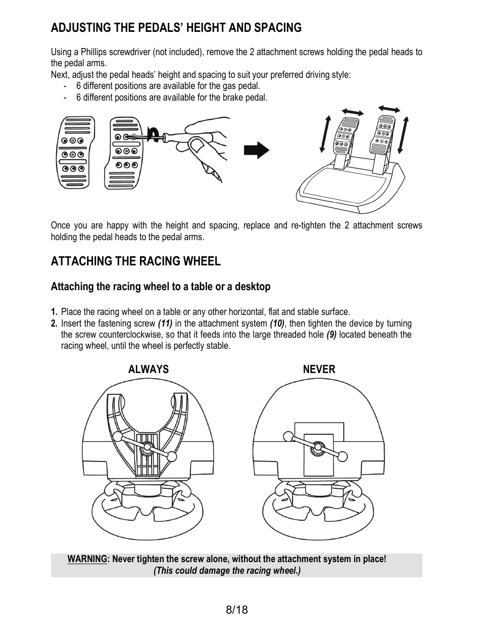 Adjusting the pedals’ height and spacing, Attaching the racing wheel | Thrustmaster T300 Ferrari GTE User Manual | Page 225 / 375