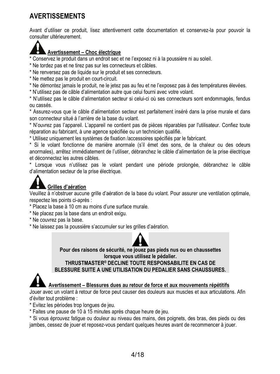 Avertissements | Thrustmaster T300 Ferrari GTE User Manual | Page 23 / 375