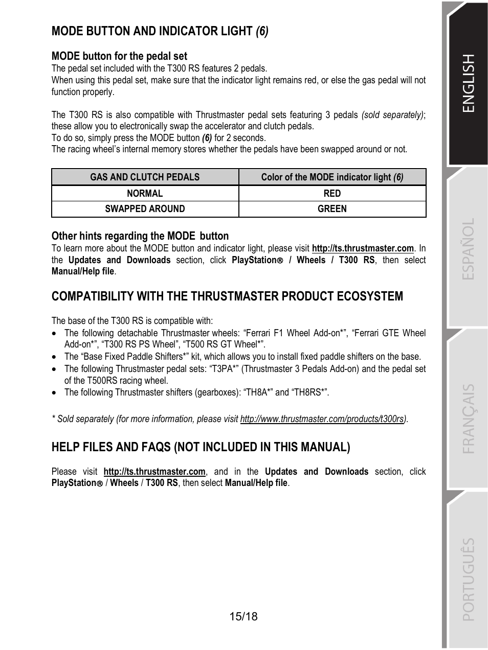 Mode button and indicator light (6), Help files and faqs (not included in this manual) | Thrustmaster T300 Ferrari GTE User Manual | Page 232 / 375