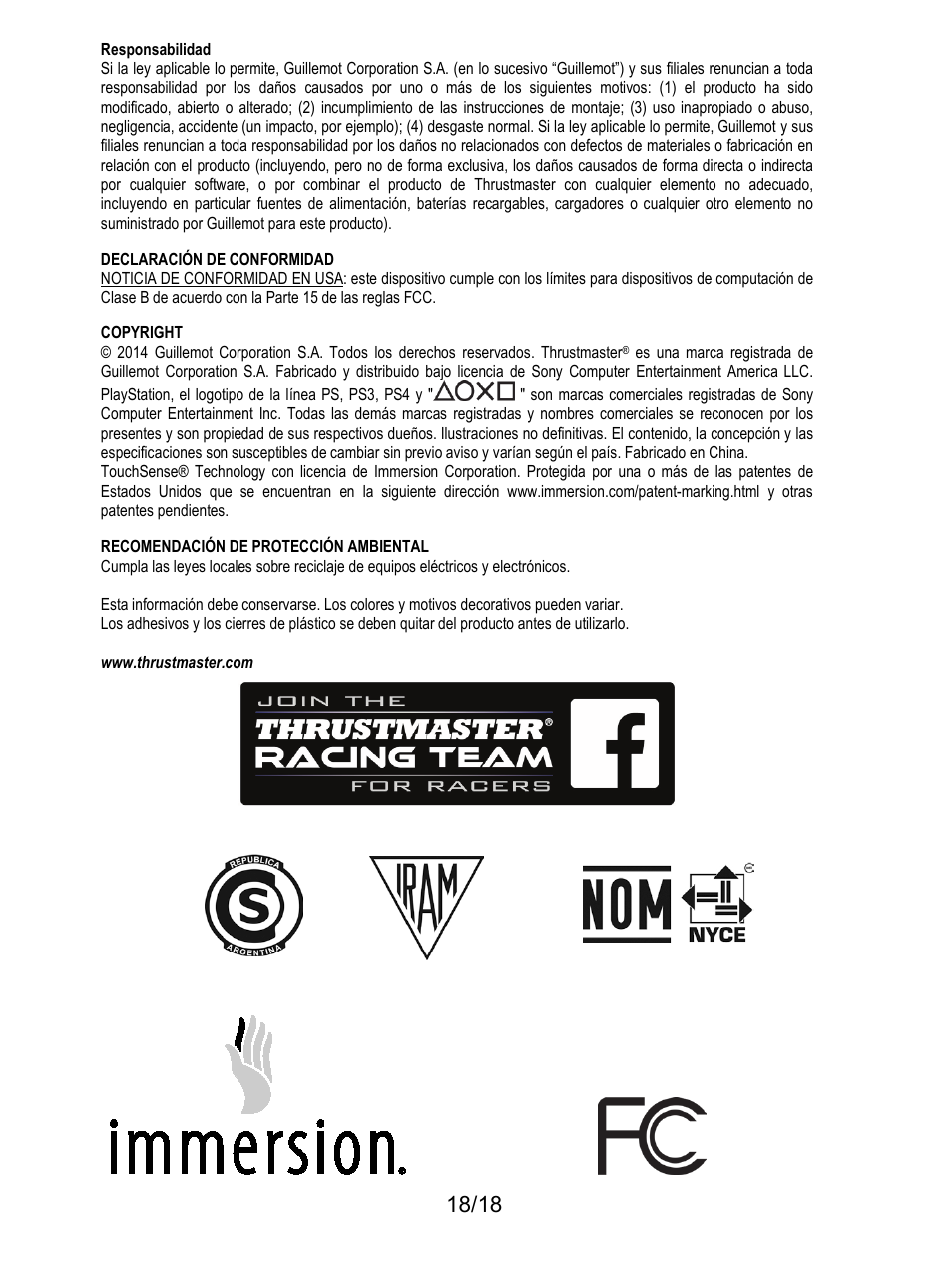 Responsabilidad | Thrustmaster T300 Ferrari GTE User Manual | Page 253 / 375