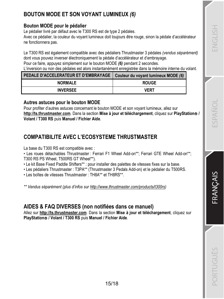 Bouton mode et son voyant lumineux (6), Compatibilite avec l’ecosysteme thrustmaster | Thrustmaster T300 Ferrari GTE User Manual | Page 268 / 375