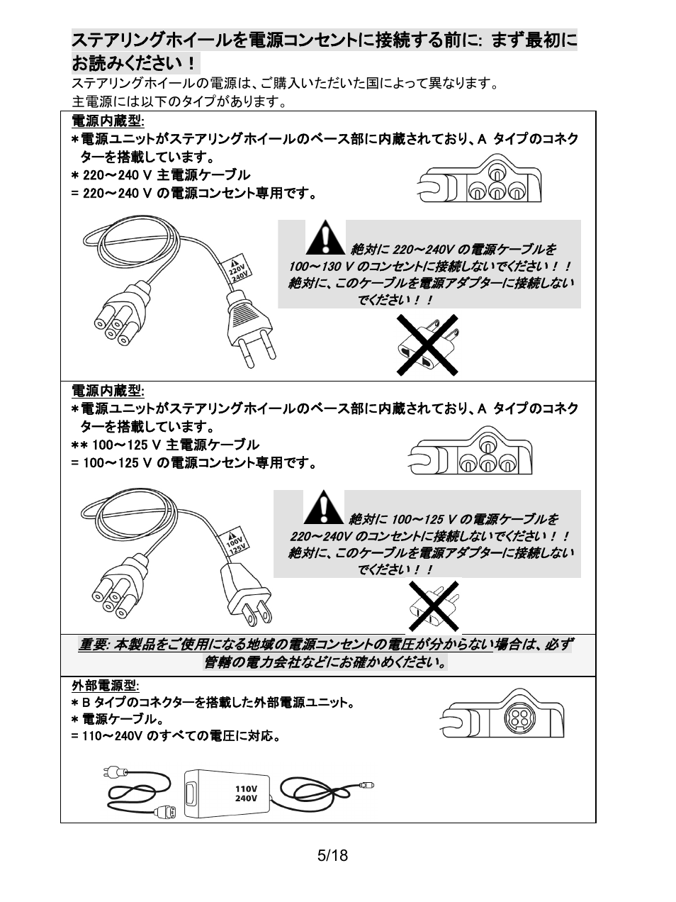ステアリングホイールを電源コンセントに接続する前に: まず最初にお読みください, ステアリングホイールを電源コンセントに接続する前に: まず最初に お読みください | Thrustmaster T300 Ferrari GTE User Manual | Page 294 / 375