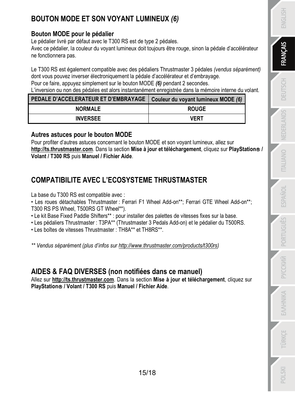 Bouton mode et son voyant lumineux (6), Compatibilite avec l’ecosysteme thrustmaster | Thrustmaster T300 Ferrari GTE User Manual | Page 34 / 375