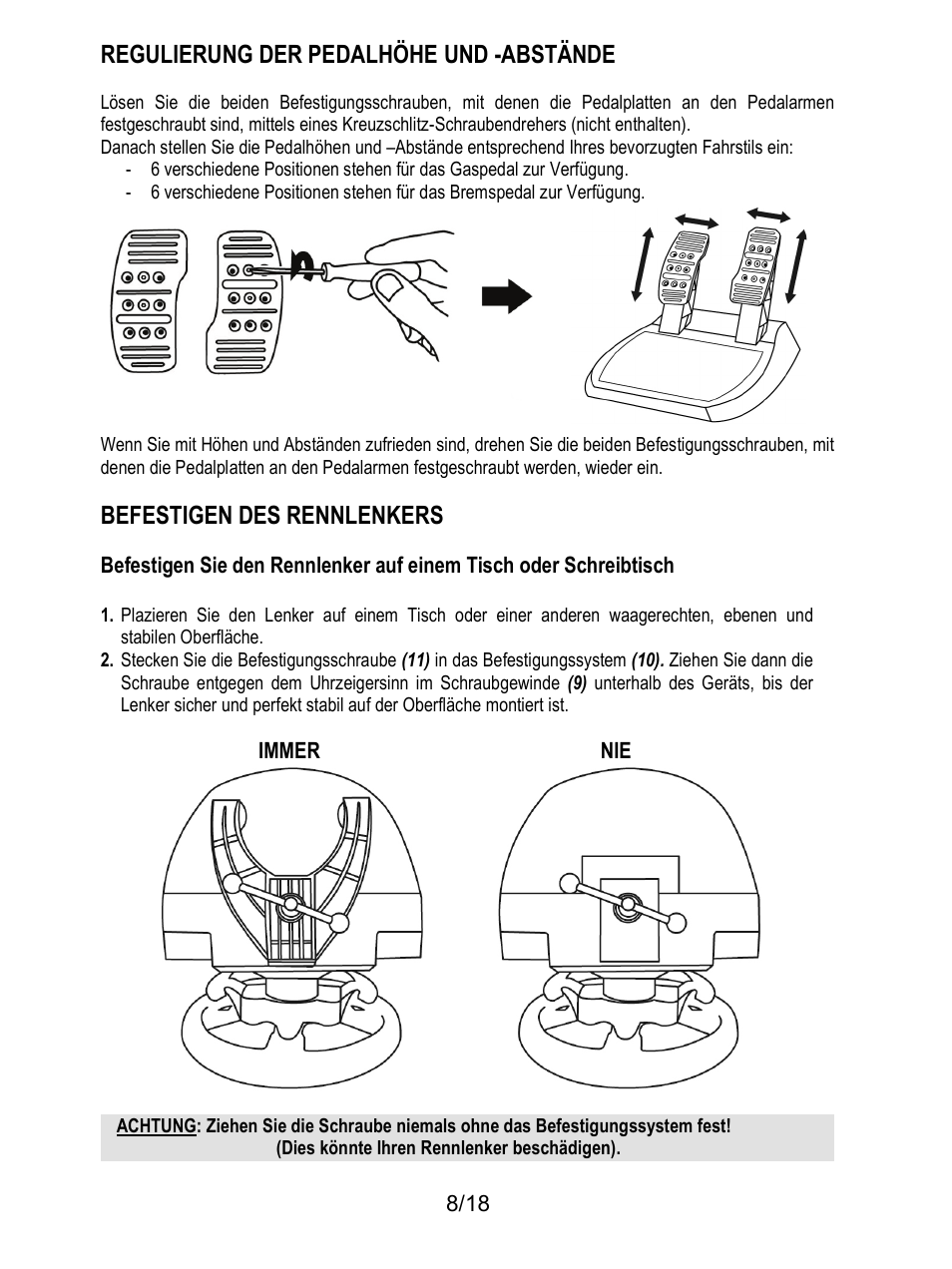 Regulierung der pedalhöhe und -abstände, Befestigen des rennlenkers | Thrustmaster T300 Ferrari GTE User Manual | Page 45 / 375