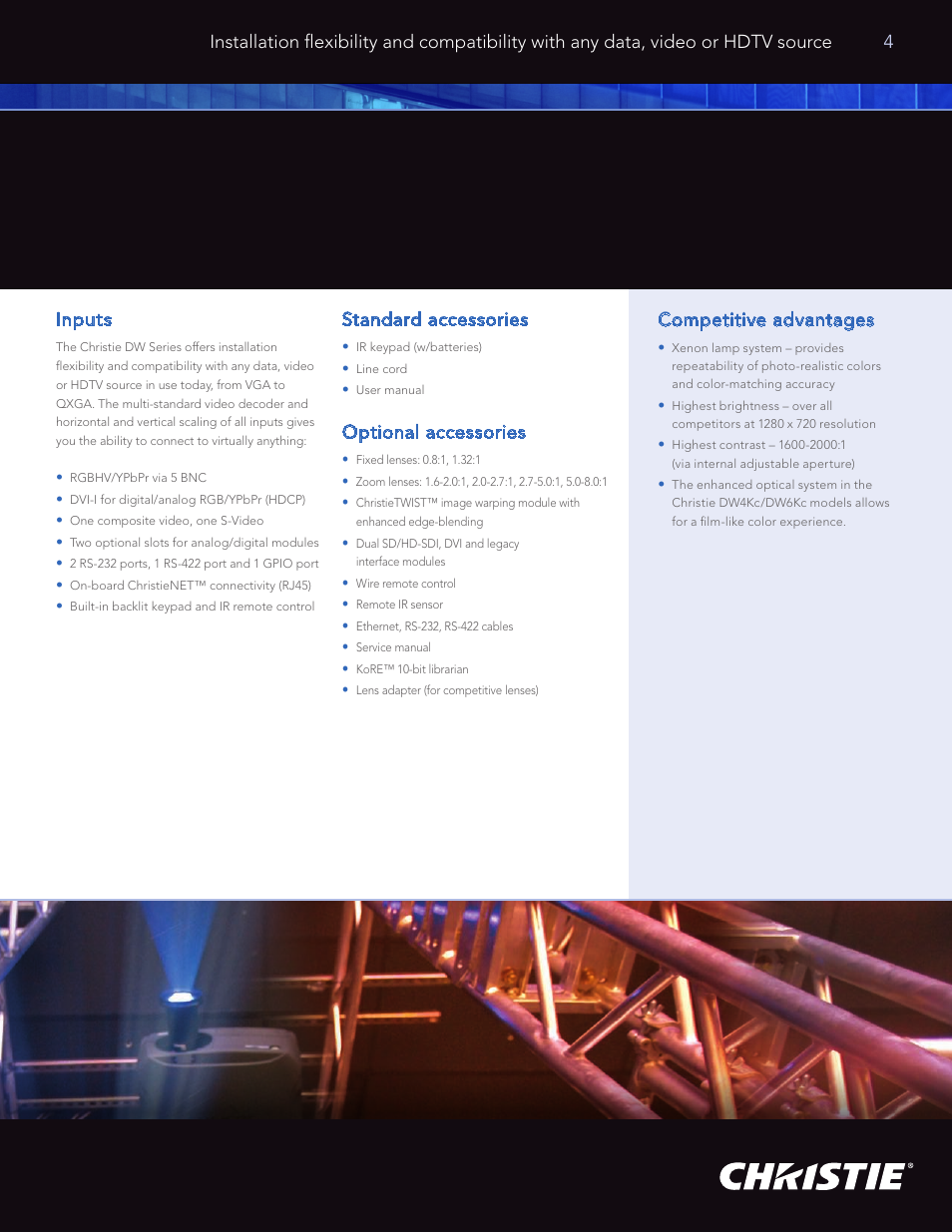 Inputs, Standard accessories, Optional accessories | Competitive advantages | Christie Digital Systems DW Series User Manual | Page 5 / 8