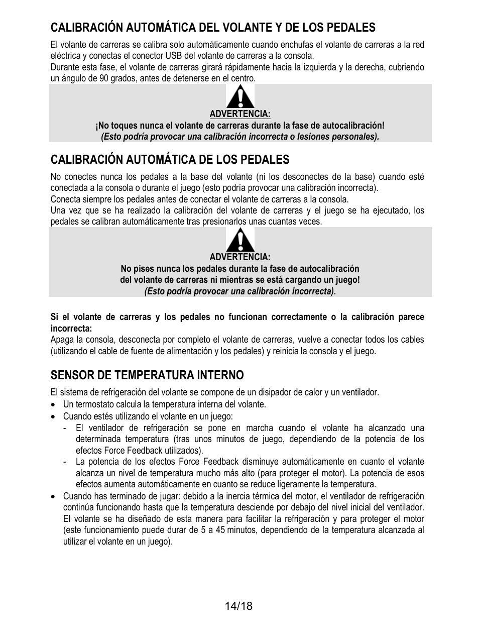 Calibración automática de los pedales, Sensor de temperatura interno | Thrustmaster T300 Ferrari GTE User Manual | Page 105 / 217