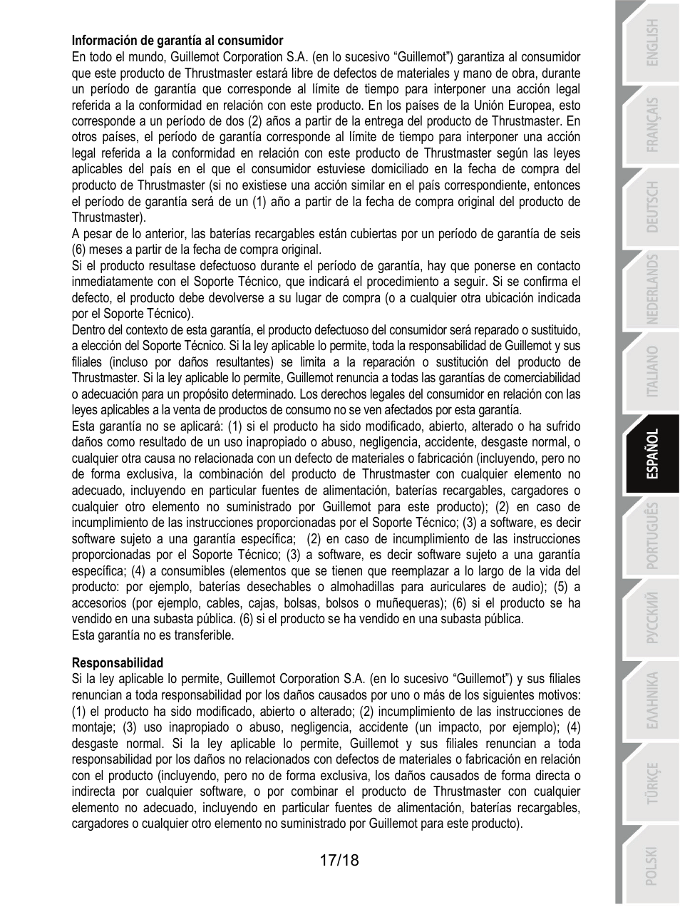 Responsabilidad | Thrustmaster T300 Ferrari GTE User Manual | Page 108 / 217