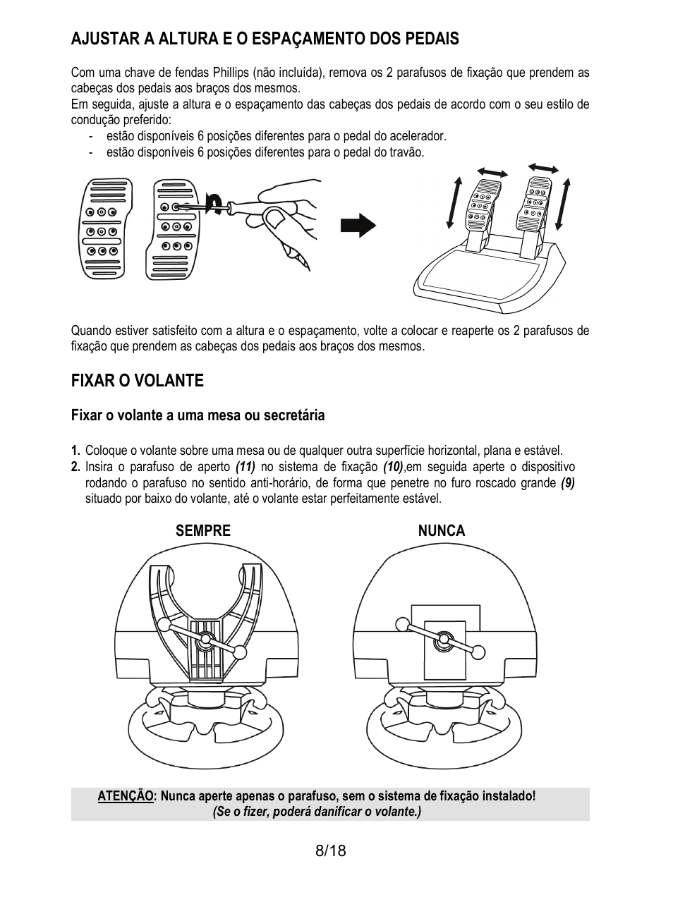 Ajustar a altura e o espaçamento dos pedais, Fixar o volante | Thrustmaster T300 Ferrari GTE User Manual | Page 117 / 217