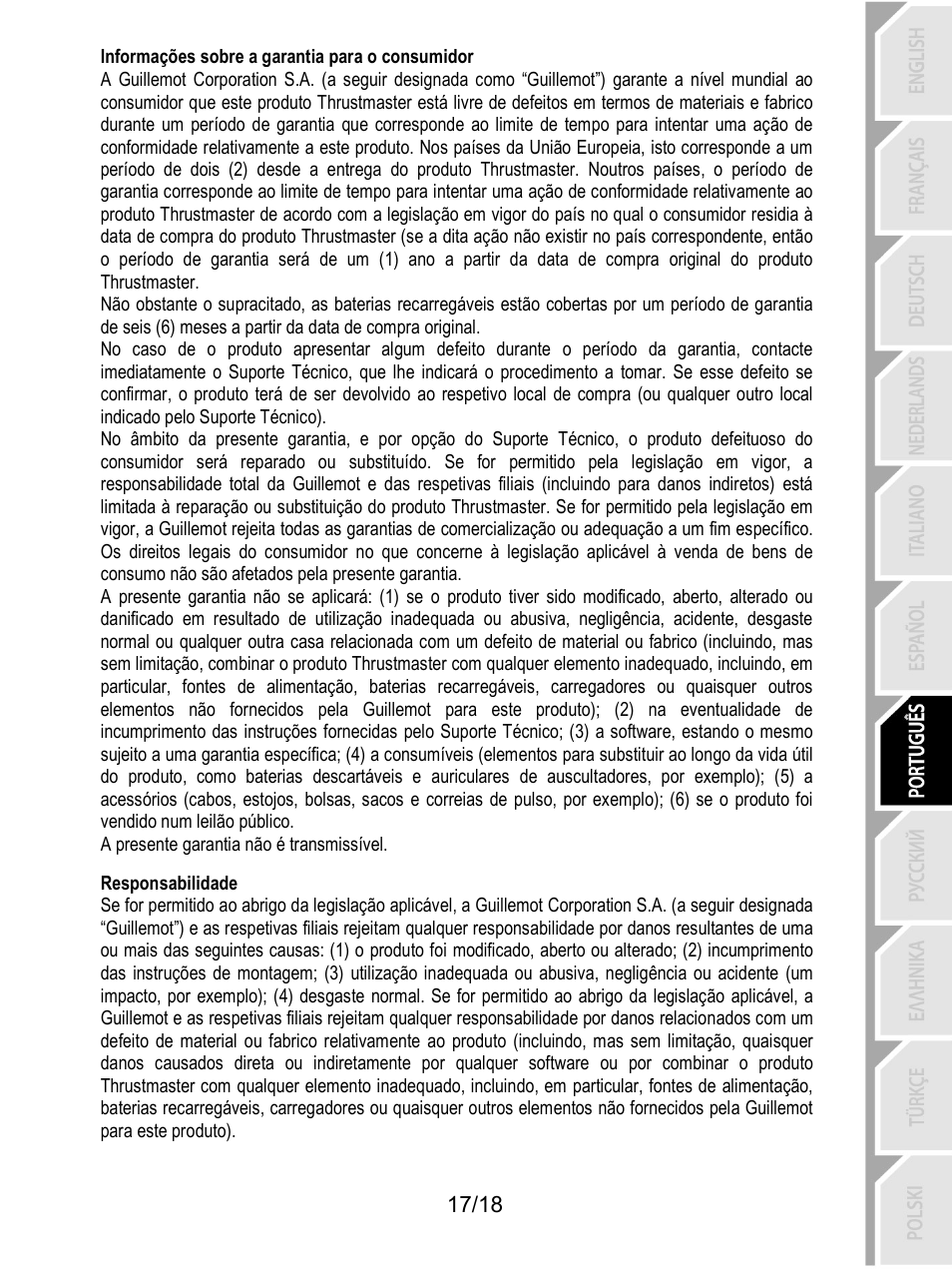 Responsabilidade | Thrustmaster T300 Ferrari GTE User Manual | Page 126 / 217