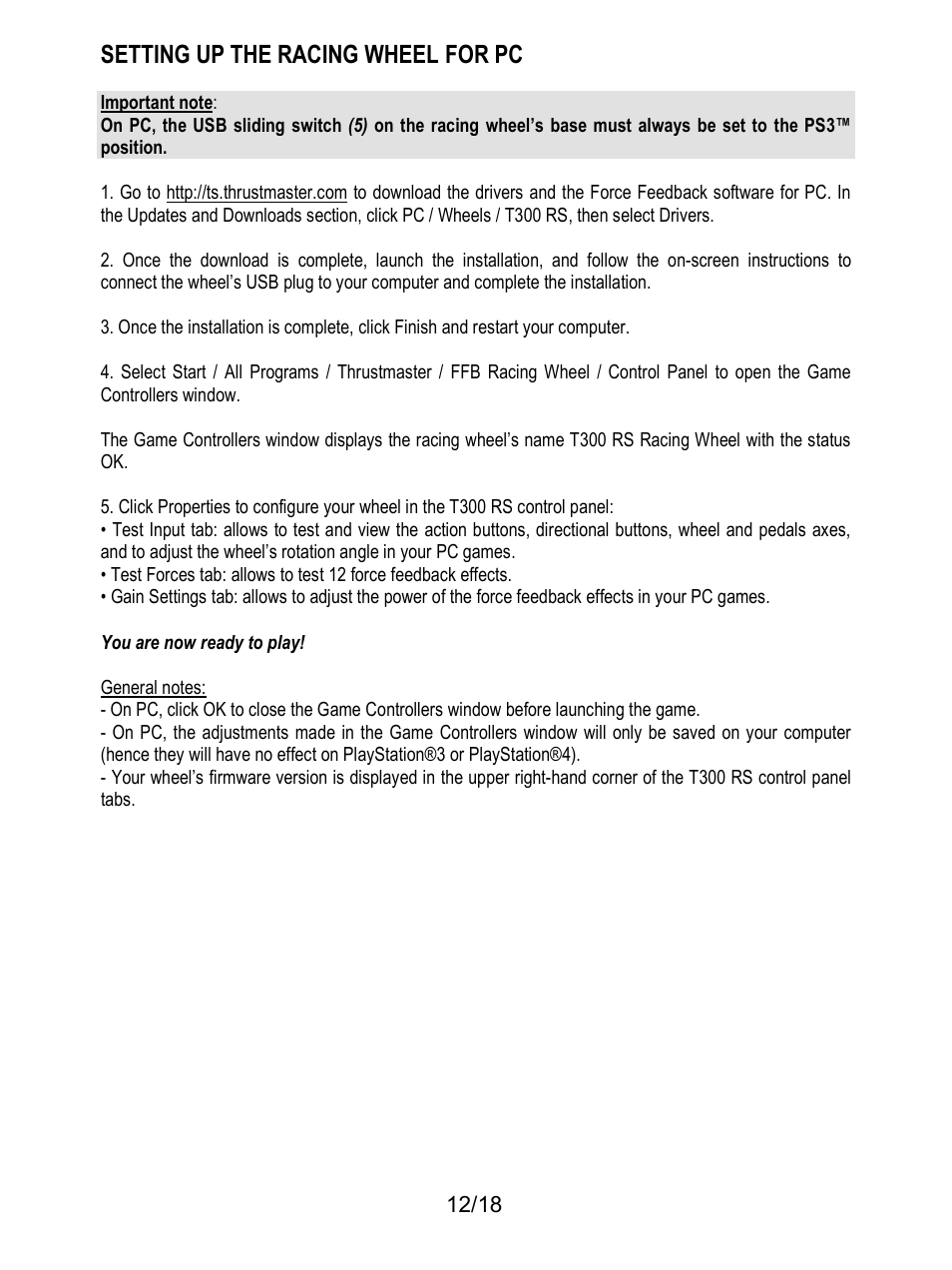 Setting up the racing wheel for pc | Thrustmaster T300 Ferrari GTE User Manual | Page 13 / 217