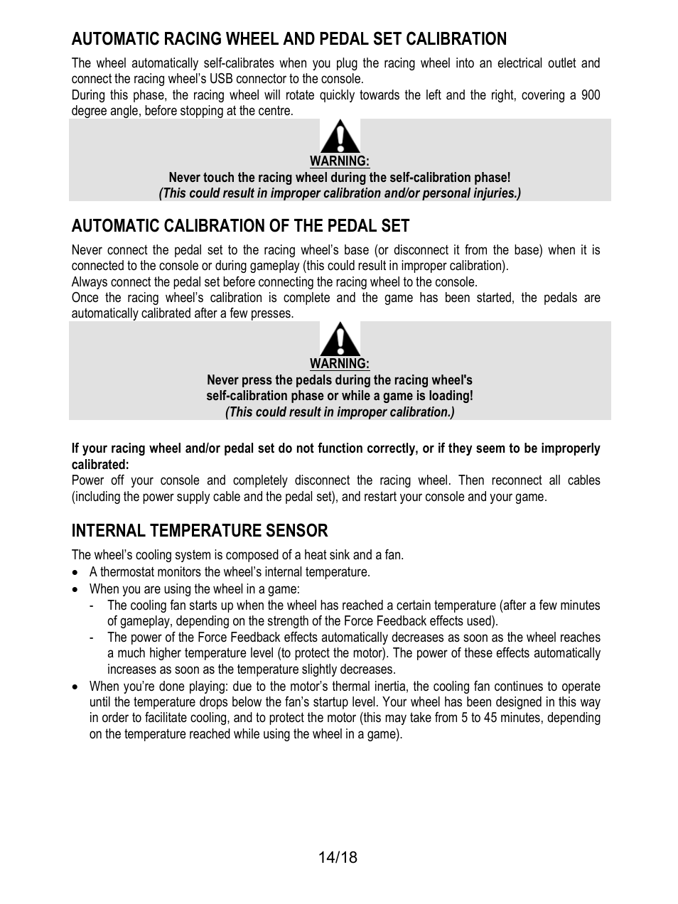 Automatic racing wheel and pedal set calibration, Automatic calibration of the pedal set, Internal temperature sensor | Thrustmaster T300 Ferrari GTE User Manual | Page 15 / 217