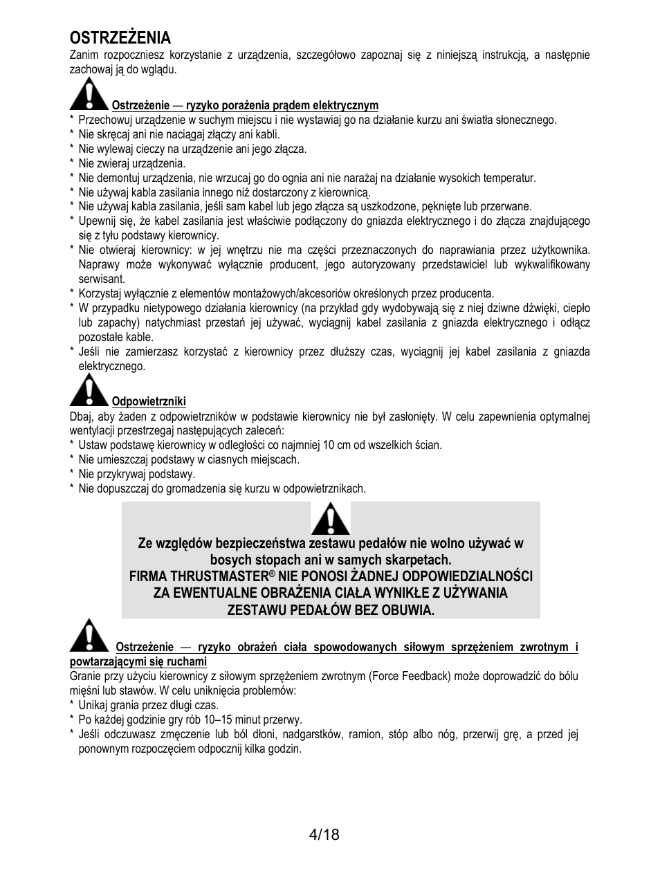 Ostrzeżenia | Thrustmaster T300 Ferrari GTE User Manual | Page 185 / 217