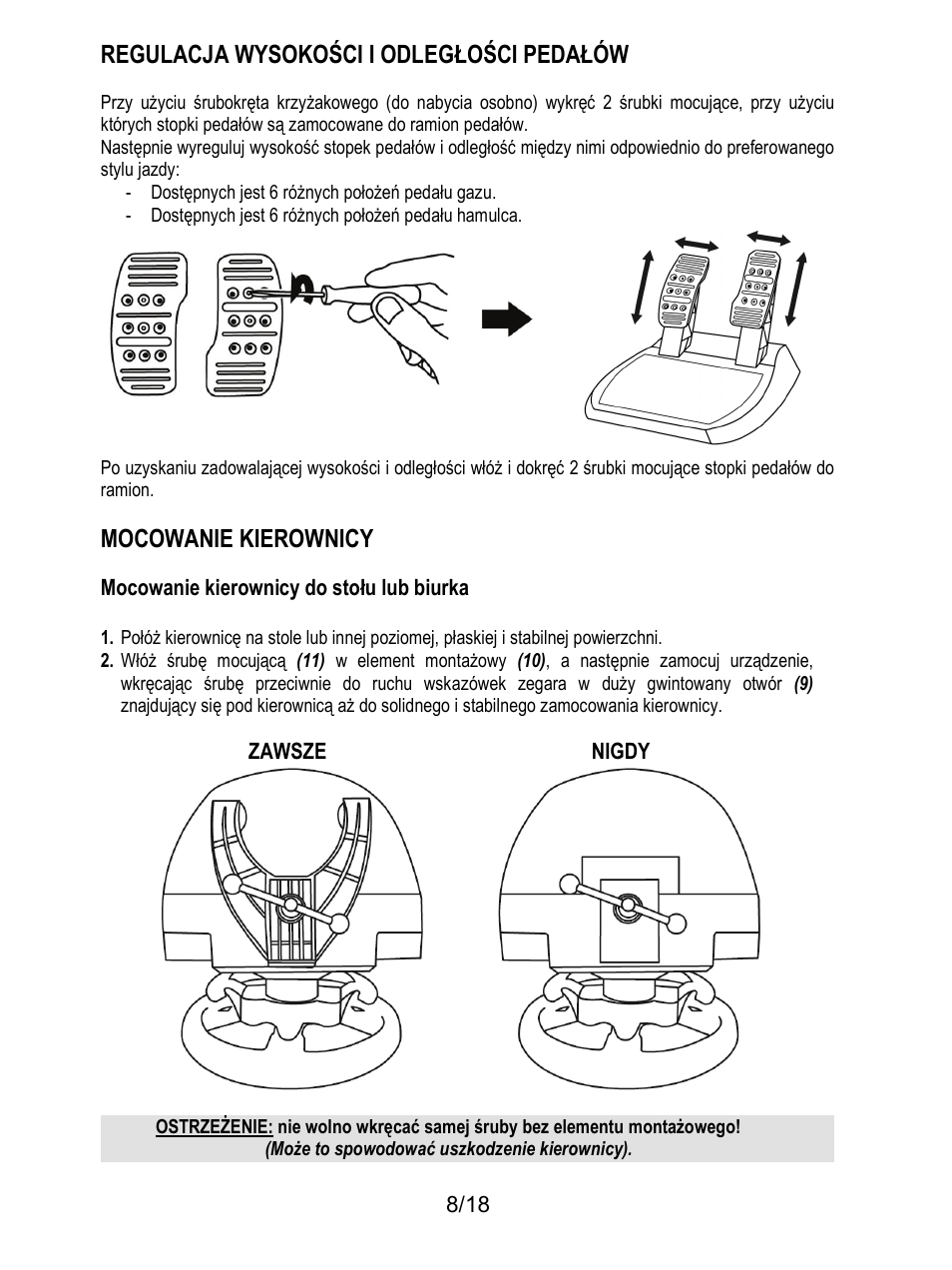 Regulacja wysokości i odległości pedałów, Mocowanie kierownicy | Thrustmaster T300 Ferrari GTE User Manual | Page 189 / 217