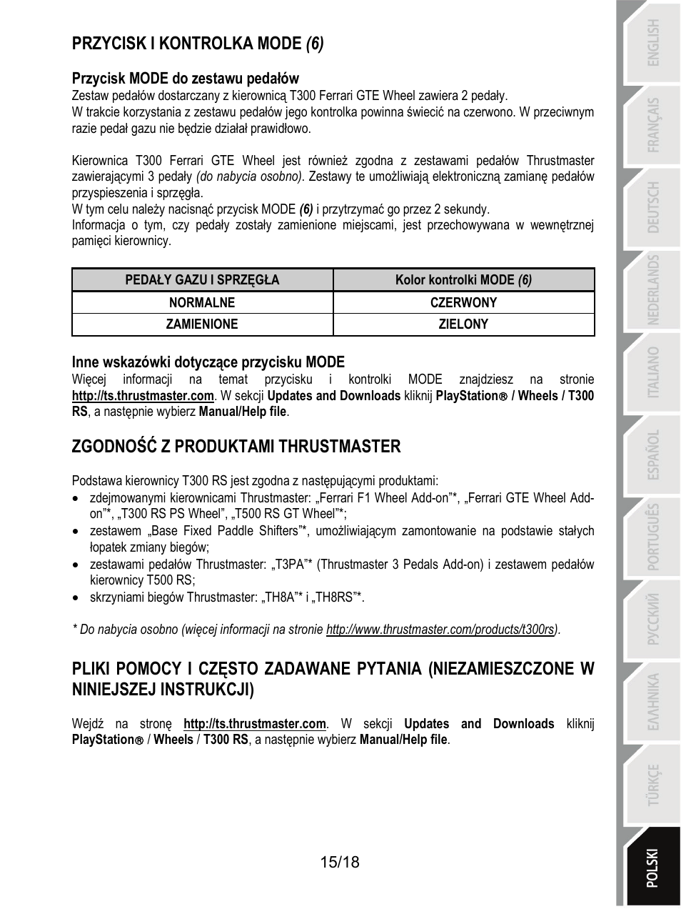 Przycisk i kontrolka mode (6), Zgodność z produktami thrustmaster | Thrustmaster T300 Ferrari GTE User Manual | Page 196 / 217