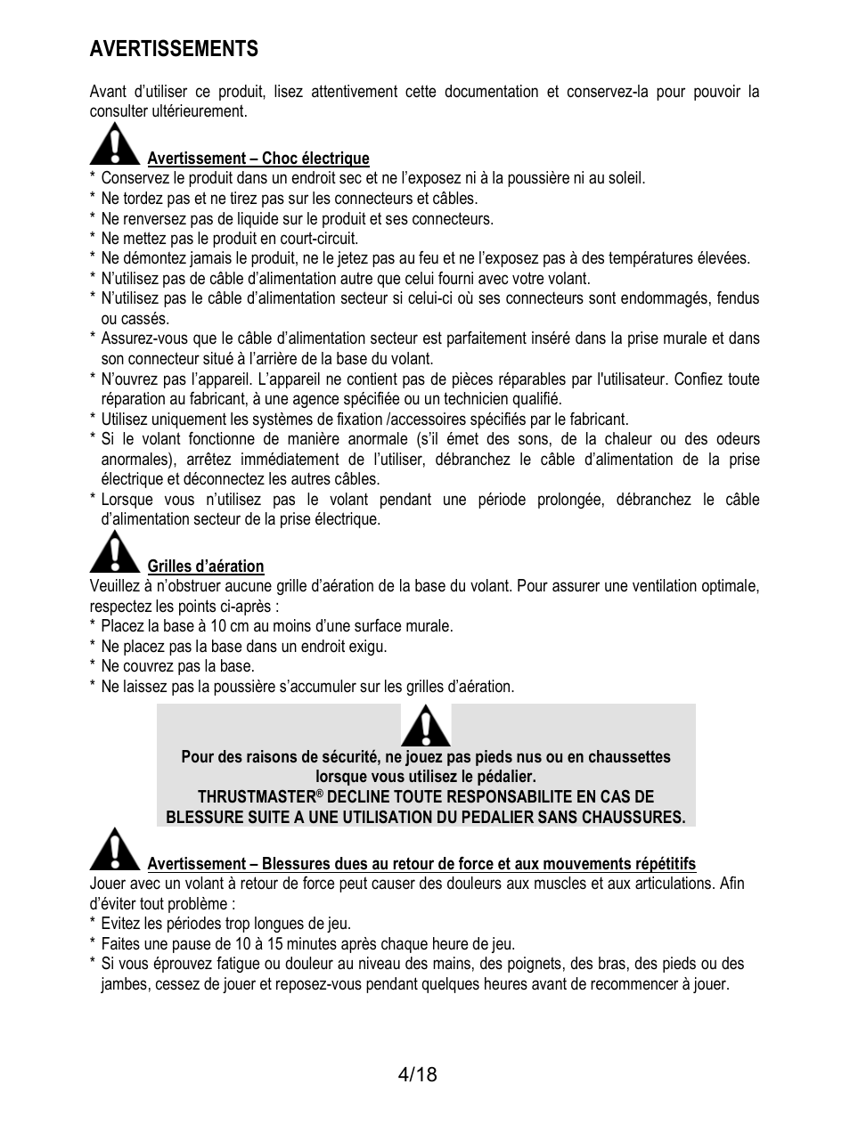 Avertissements | Thrustmaster T300 Ferrari GTE User Manual | Page 23 / 217