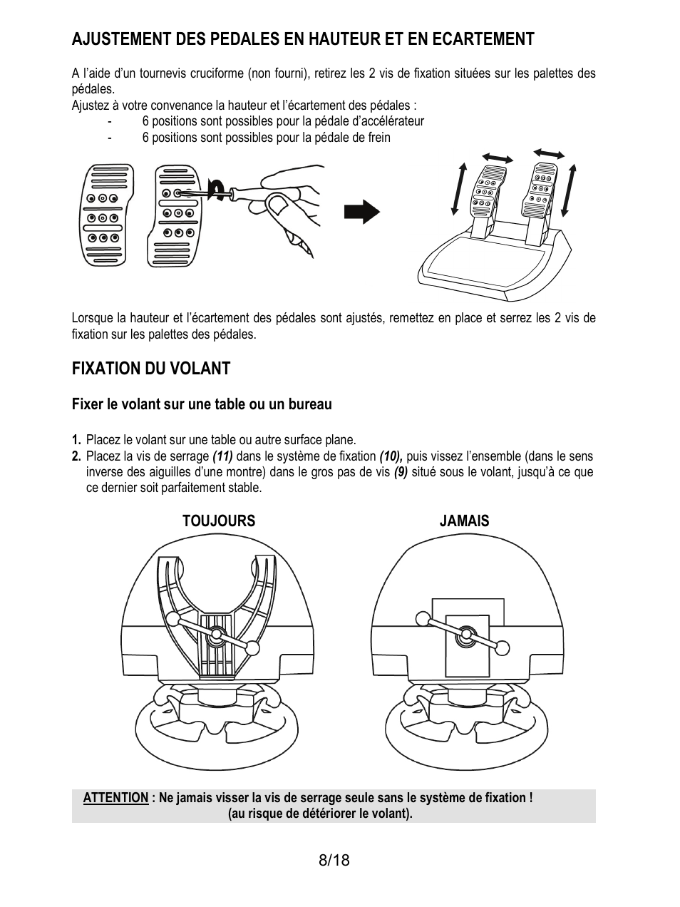 Ajustement des pedales en hauteur et en ecartement, Fixation du volant | Thrustmaster T300 Ferrari GTE User Manual | Page 27 / 217