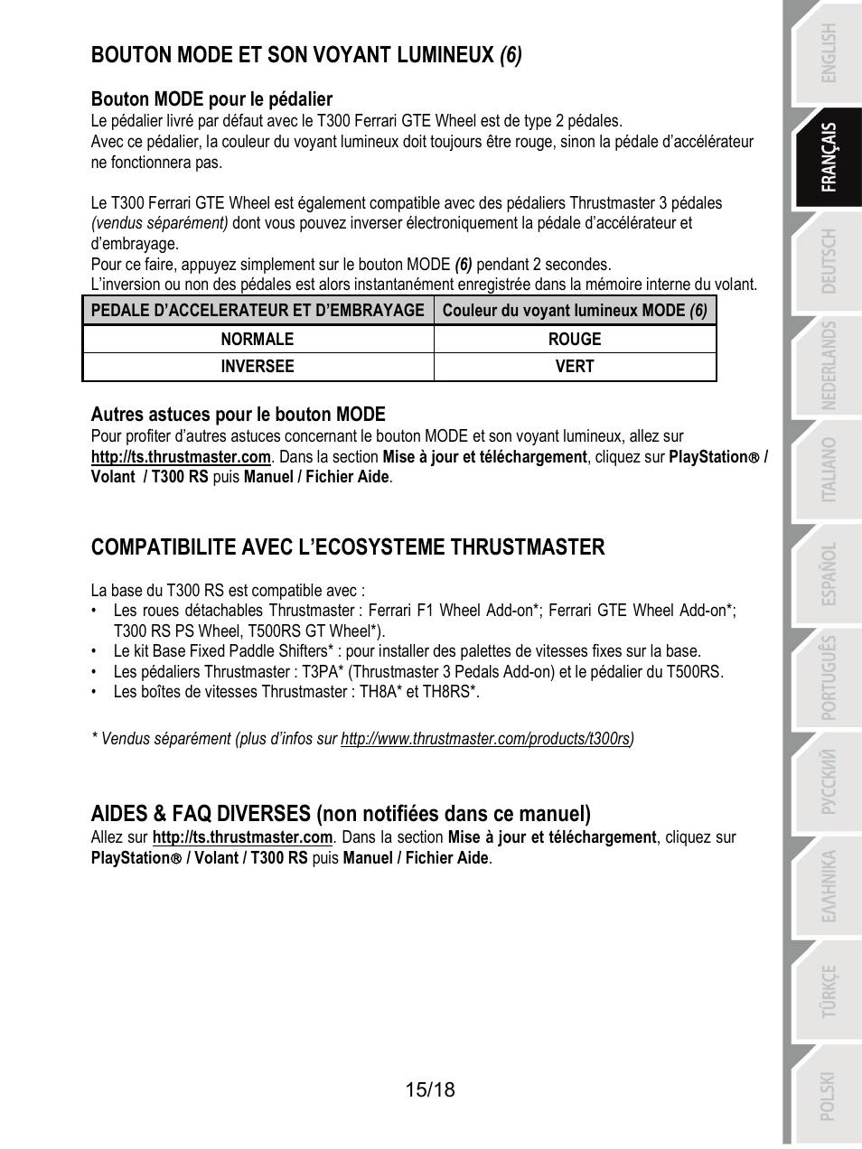 Bouton mode et son voyant lumineux (6), Compatibilite avec l’ecosysteme thrustmaster | Thrustmaster T300 Ferrari GTE User Manual | Page 34 / 217