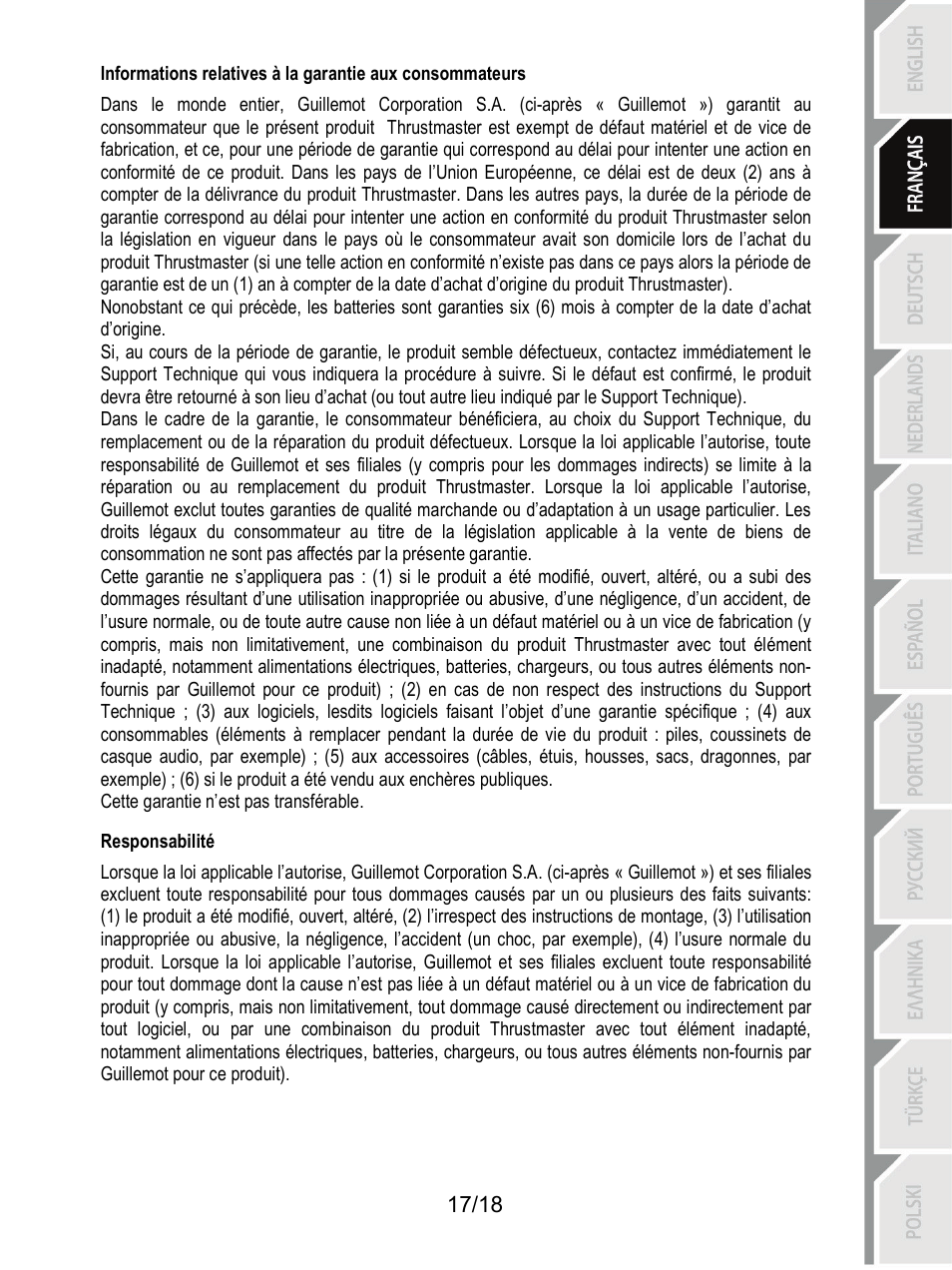 Responsabilité | Thrustmaster T300 Ferrari GTE User Manual | Page 36 / 217