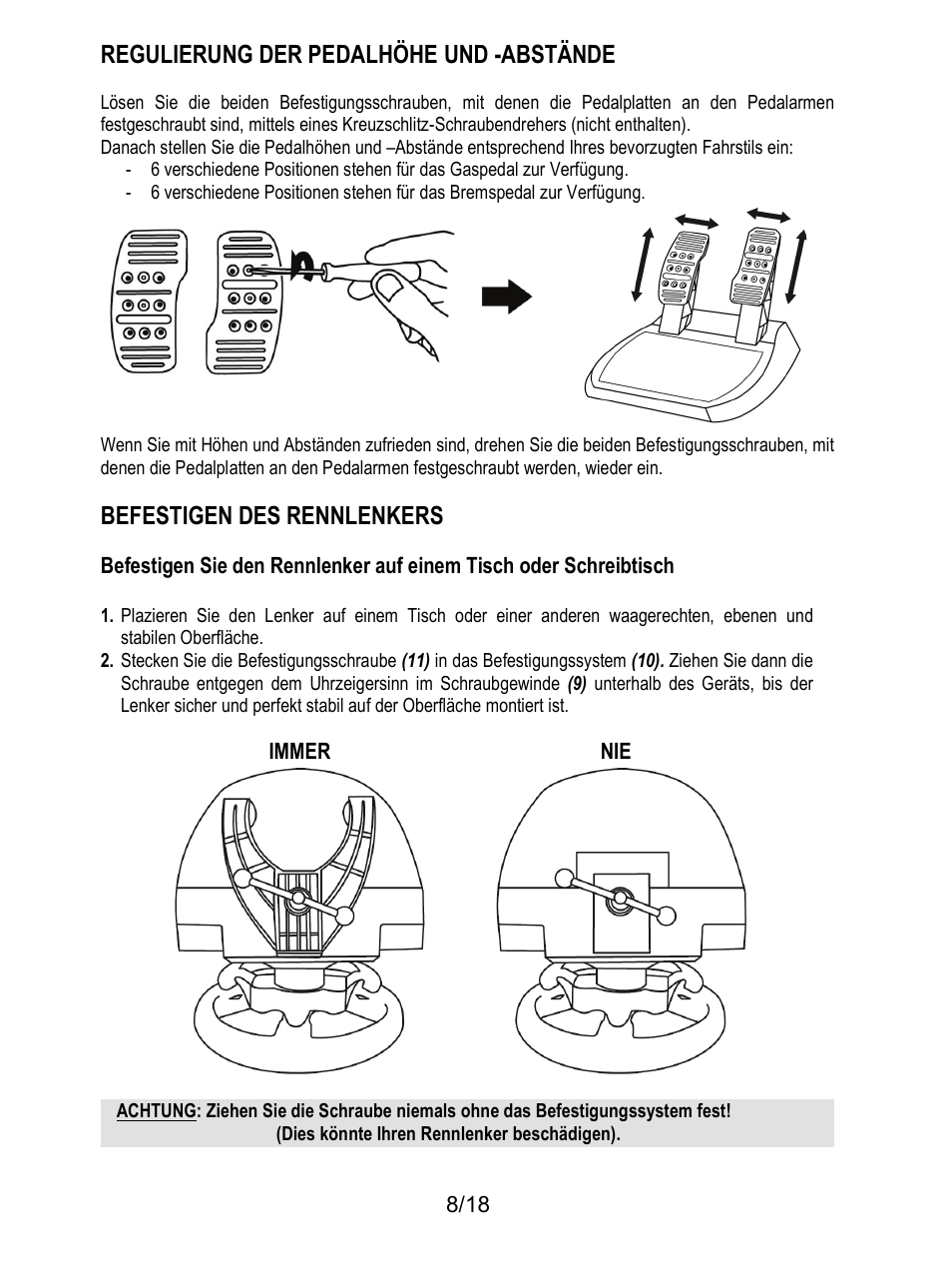 Regulierung der pedalhöhe und -abstände, Befestigen des rennlenkers | Thrustmaster T300 Ferrari GTE User Manual | Page 45 / 217