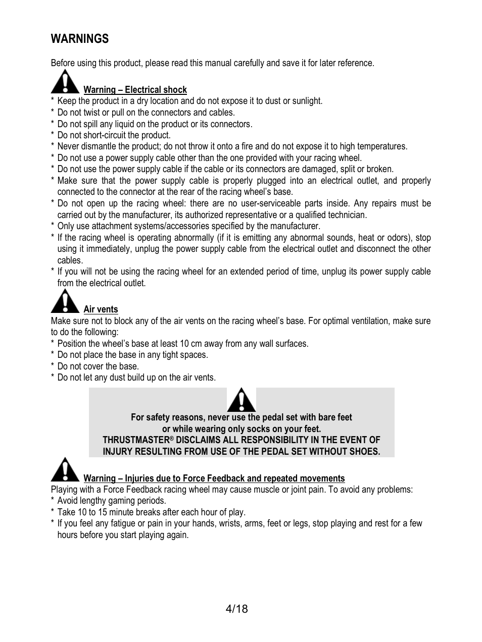 Warnings | Thrustmaster T300 Ferrari GTE User Manual | Page 5 / 217