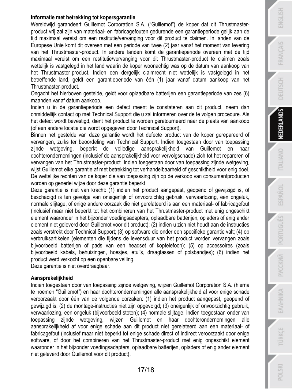 Aansprakelijkheid | Thrustmaster T300 Ferrari GTE User Manual | Page 72 / 217