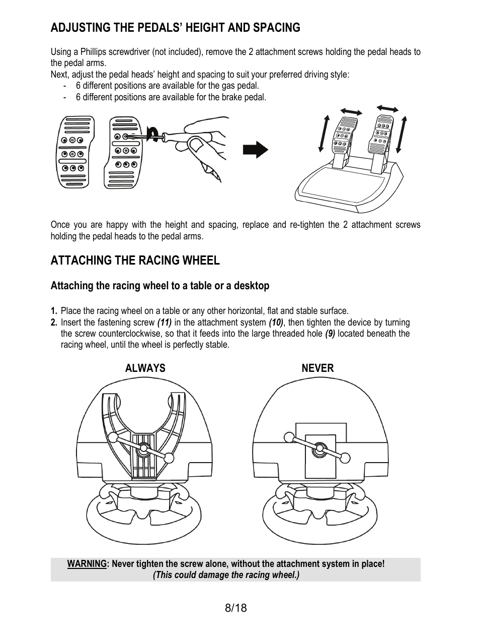 Adjusting the pedals’ height and spacing, Attaching the racing wheel | Thrustmaster T300 Ferrari GTE User Manual | Page 9 / 217