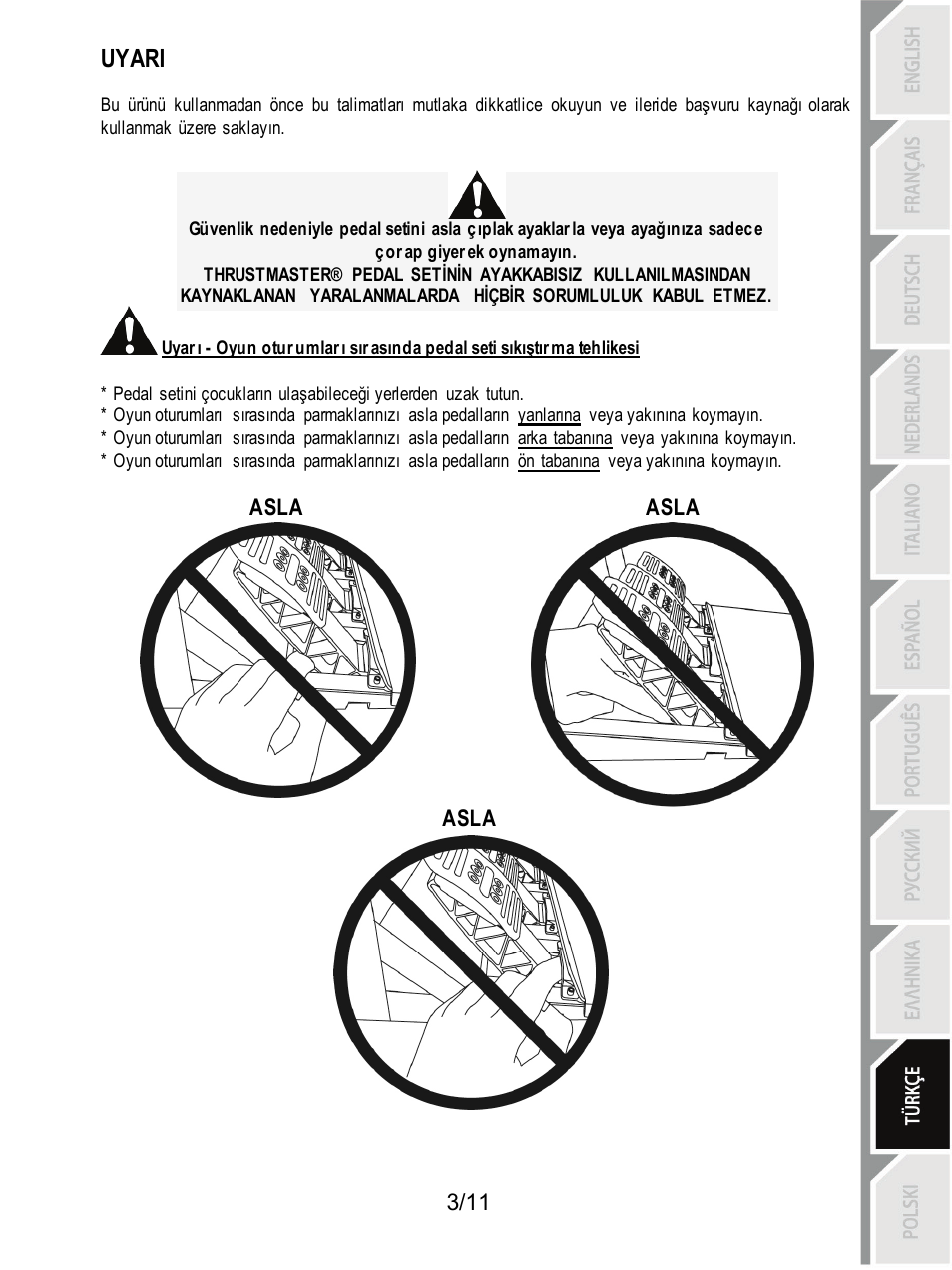 Uyari | Thrustmaster T3PA Add-On User Manual | Page 103 / 134