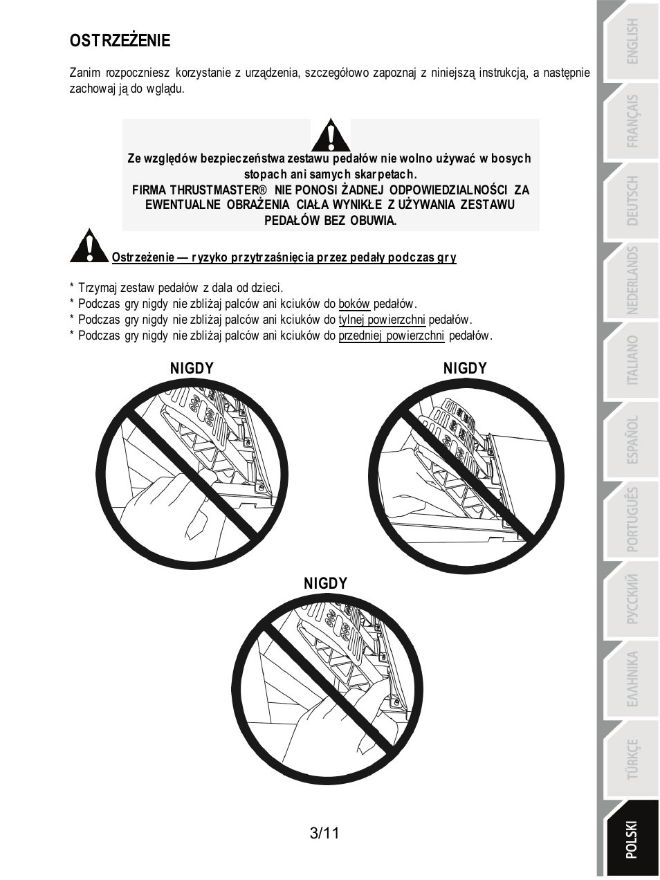 Ostrzeżenie, Nigdy | Thrustmaster T3PA Add-On User Manual | Page 114 / 134