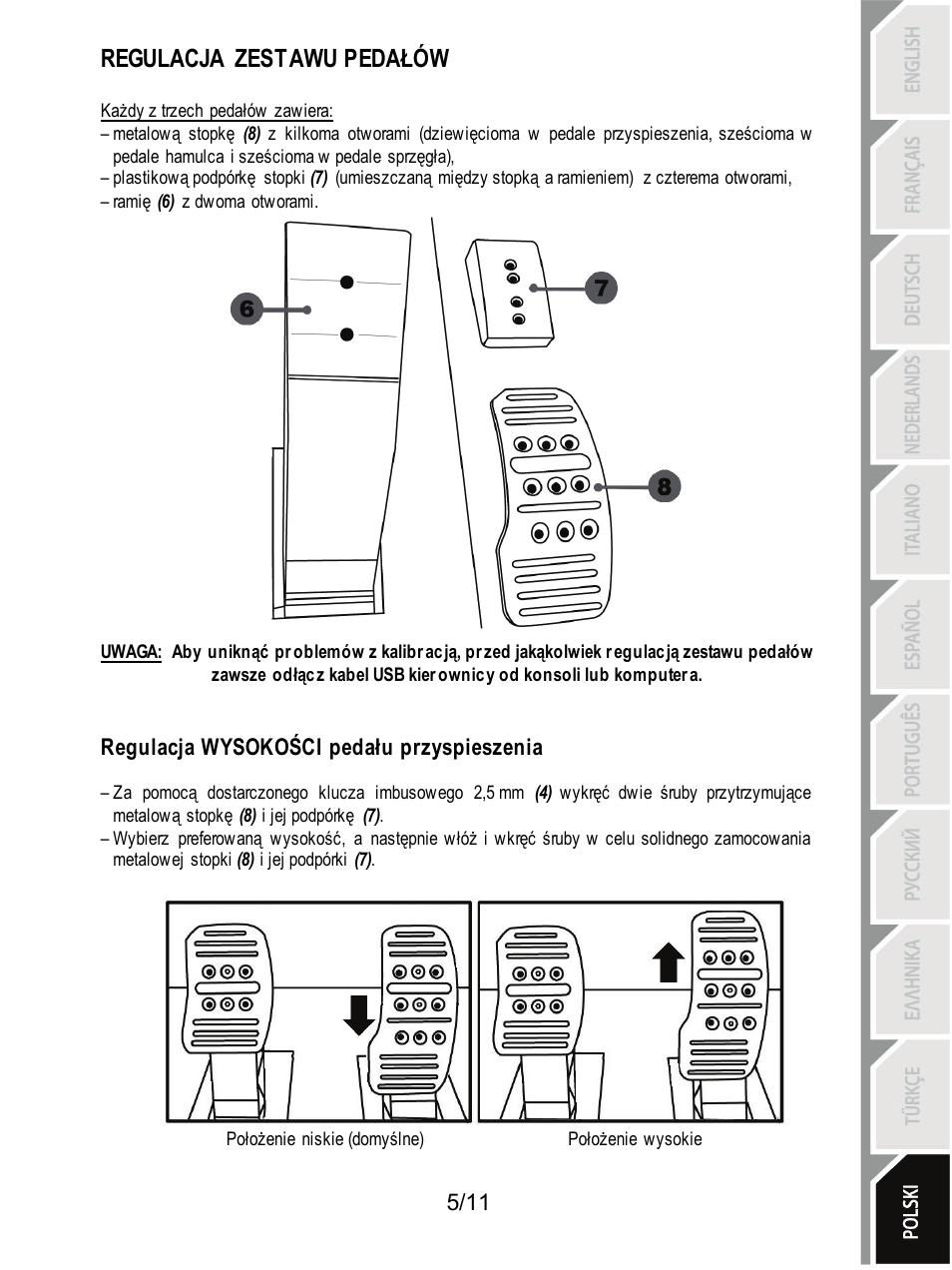 Regulacja zestawu pedałów, Regulacja wysokości pedału przyspieszenia | Thrustmaster T3PA Add-On User Manual | Page 116 / 134