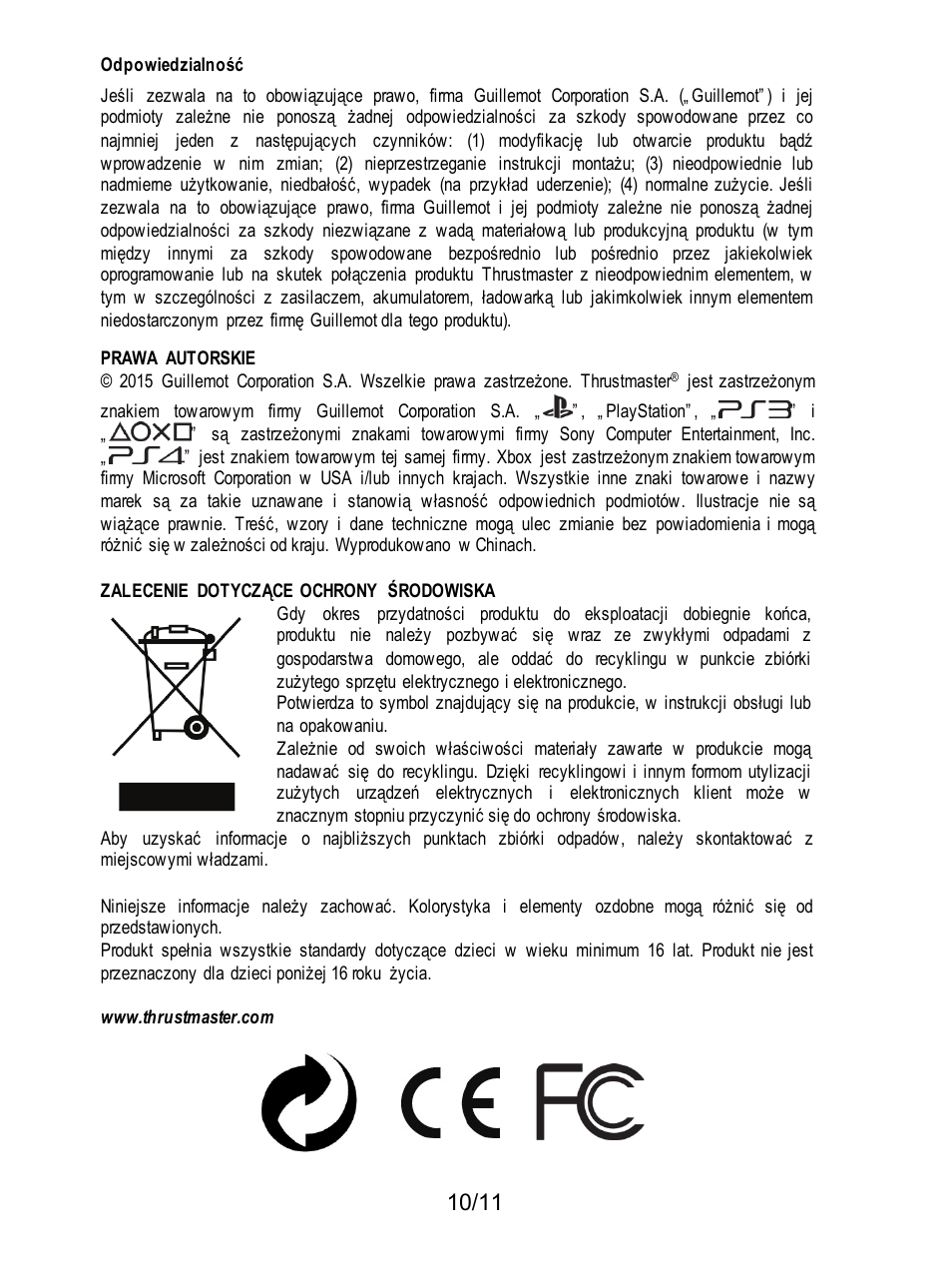 Odpowiedzialność | Thrustmaster T3PA Add-On User Manual | Page 121 / 134