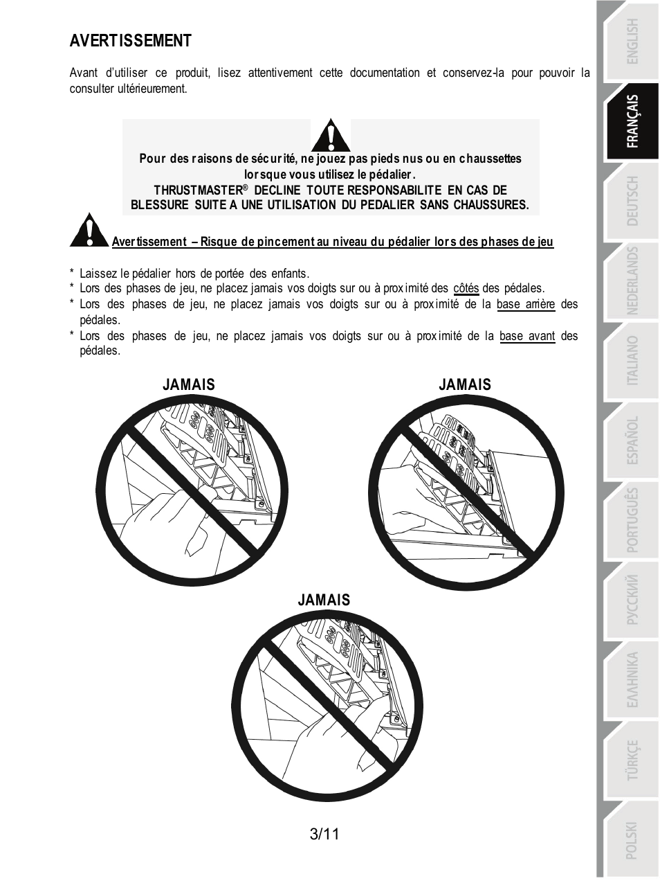 Avertissement, Jamais | Thrustmaster T3PA Add-On User Manual | Page 15 / 134