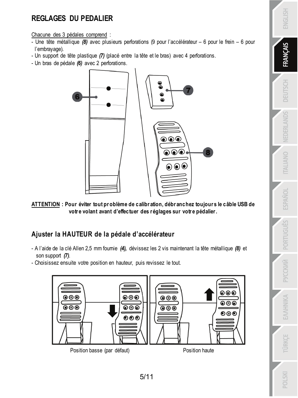 Reglages du pedalier, Ajuster la hauteur de la pédale d’accélérateur | Thrustmaster T3PA Add-On User Manual | Page 17 / 134