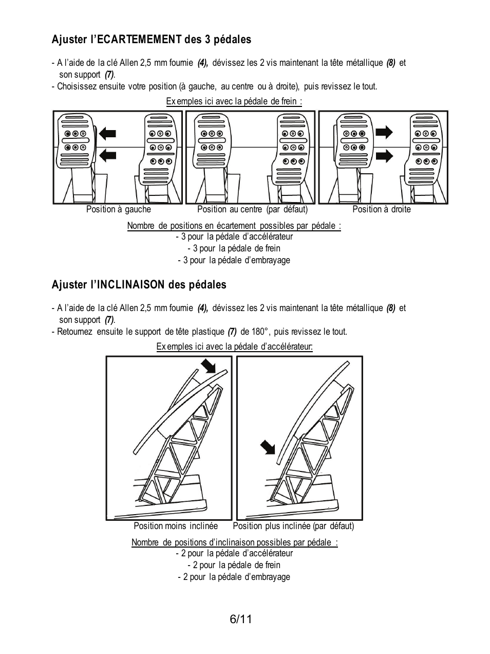 6/11 ajuster l’ecartemement des 3 pédales, Ajuster l’inclinaison des pédales | Thrustmaster T3PA Add-On User Manual | Page 18 / 134