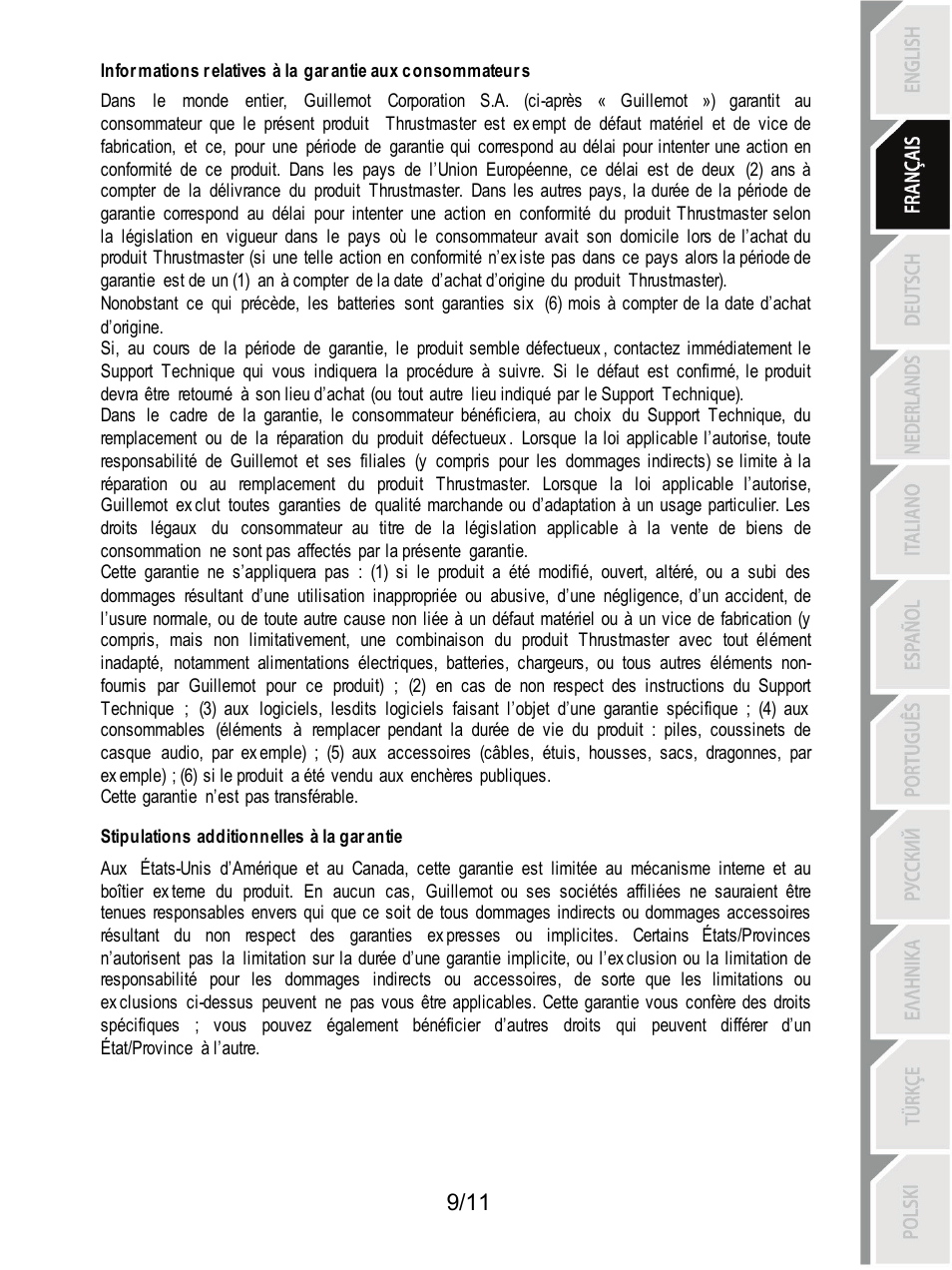 Stipulations additionnelles à la garantie | Thrustmaster T3PA Add-On User Manual | Page 21 / 134