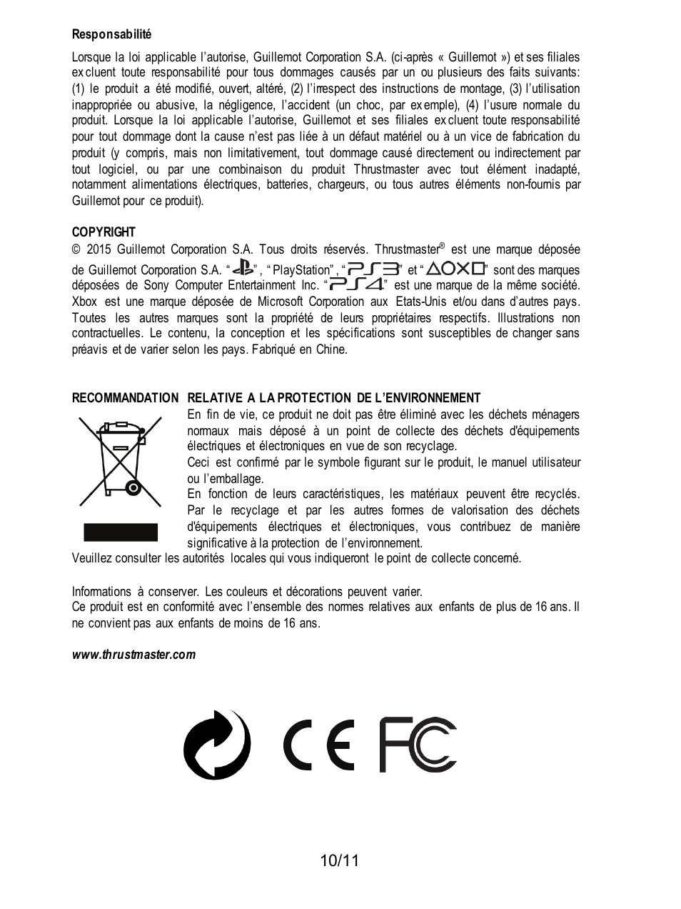 Responsabilité | Thrustmaster T3PA Add-On User Manual | Page 22 / 134