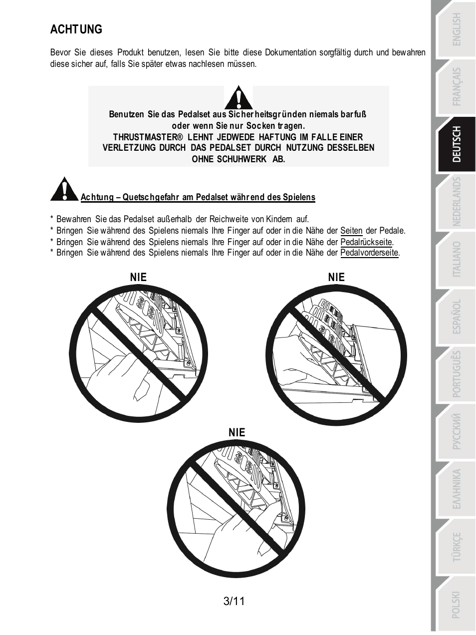 Achtung | Thrustmaster T3PA Add-On User Manual | Page 26 / 134