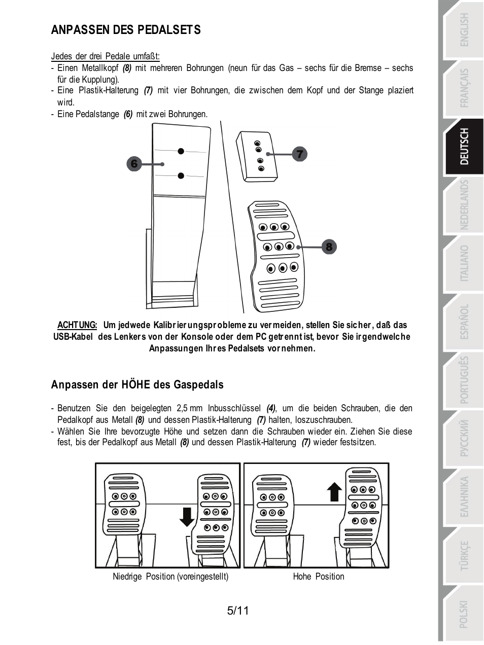 Anpassen des pedalsets, Anpassen der höhe des gaspedals | Thrustmaster T3PA Add-On User Manual | Page 28 / 134